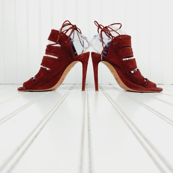 Aquazzura Sexy Thing Burgundy Lace Up Slip On High Heels Pep Toe Sandals B403 - Picture 7 of 13